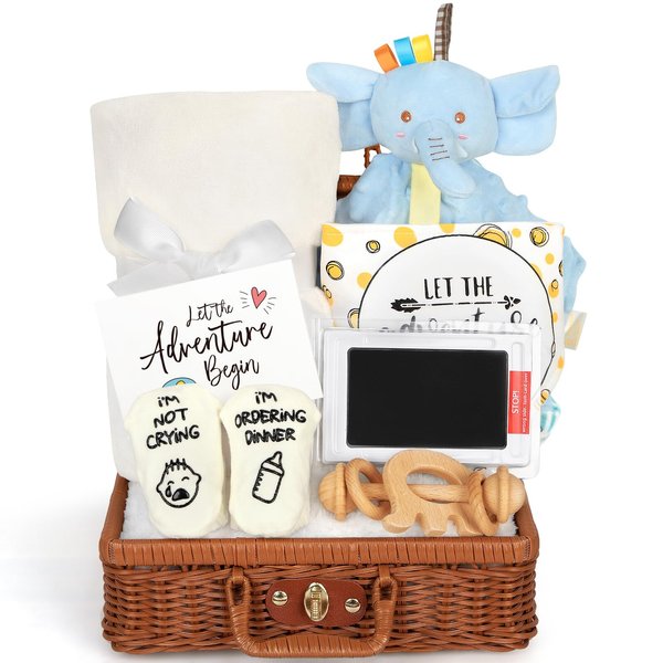 Baby Boy Gifts, Baby Gift Set for Newborn Essentials Infant Blanket Rattle Elephant Lovey Toys Keepsake Bibs Socks, Baby Shower Gifts Basket, New Born Baby Gifts for Boys