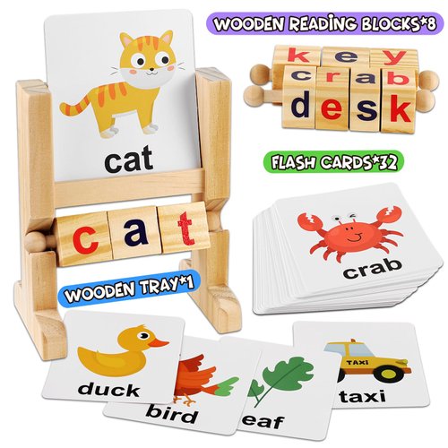 LOOIKOOS Wordcraft Learning Wooden Reading Blocks, Montessori Educational Toys for Kids Flash Cards Toddler Learning Toys Word Building Puzzles Words Spelling Games for Preschool Boys Girls