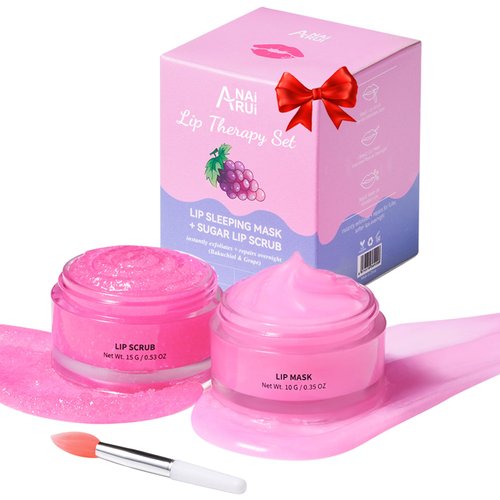 ANAI RUI Lip Therapy Set, Lip Scrub & Lip Mask, Overnight Hydrating Lip Moisturizer with Lip Exfoliator Scrub and Lip Sleeping Mask for Lip Plumping, Lip Gift Kit for Dry, Chapped, Dark Lips, Grape