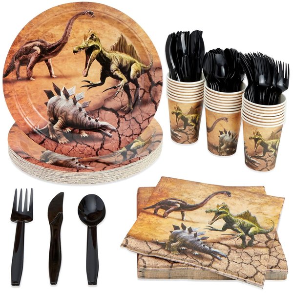 Juvale 144 Piece Jurassic Dinosaur Birthday Party Supplies with Dino Plates, Knives, Spoons, Forks, Cups, and Napkins (Serves 24)