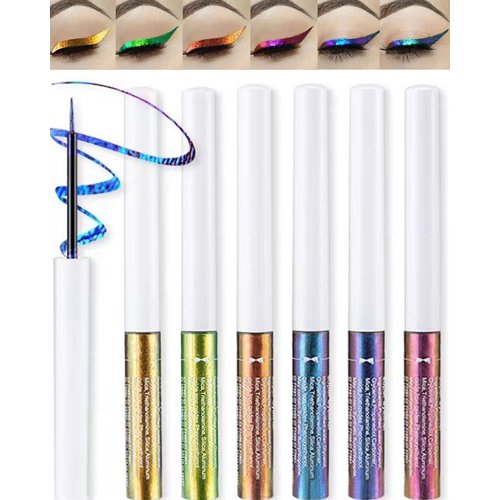 Chameleon Multichrome Glitter Eyeliner Liquid Kit-6Pcs Purple/Blue/Gold/Green Metallic Satin Colored Finish Eye Liner Eye Shadow Stick, Ultra-Fine Tip Eyeliner Pen, Christmas Makeup Gift Set for Women