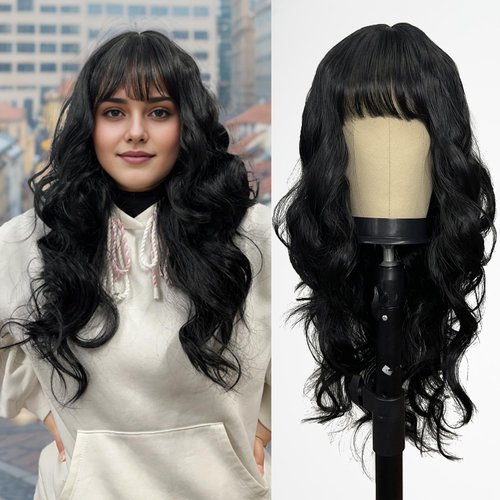 Romantic Angels Black Wig with Bangs for Women Long Wavy Natural Black Wigs Synthetic Wigs for Girls Daily Party Use 26 Inches