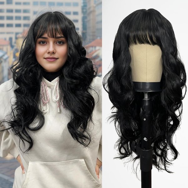 Romantic Angels Black Wig with Bangs for Women Long Wavy Natural Black Wigs Synthetic Wigs for Girls Daily Party Use 26 Inches