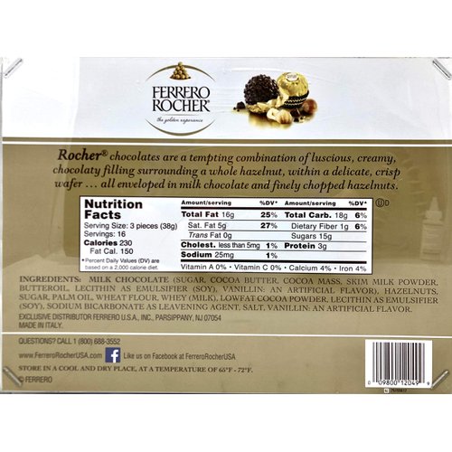 Ferrero Rocher Fine Hazelnut Chocolates, Chocolate Gift Box, 48 Count Flat, 21.2 oz