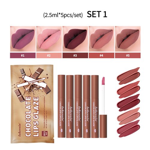 BAISEN DIARY 5 Pcs/set Silky Texture Chocolate Matte Lipsticks Set, Matte Finish, Non-stick, Waterproof Lip Gloss Chocolate Lip Glaze Set, Up to 12 Hours Lip Makeup (Set 01, 5PCS)