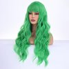 WTHCOS Light Green Long Curly Wavy Hair Wig for Women With Bangs Tender Green Wig Heat Resistant Synthetic Hair Wigs for Daily Use Cosplay Wig With Wig Cap