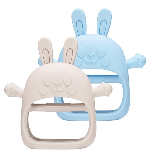 CONKKA 2 Packs of Bunny Teething Teether for Babies Under 12 Months, 0-6 Months Baby Teether Relief Toys Bulit in Food-Grade Sili-Cone Mittens for Newborns, Essential Helper for Moms -Blue & White