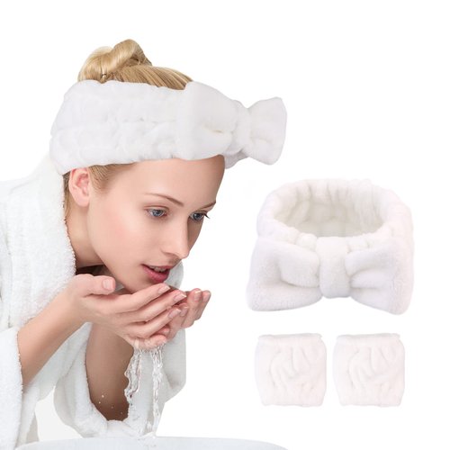 UNIMEIX 3 Pack Spa Headband and Wrist Washband Face Wash Set,Reusable Soft Makeup Headband Fleece Skincare Headbands for Washing Face Shower (Loose White)