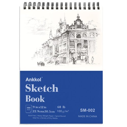 Ankkol Sketch Book 9x12 Inch Artist Sketch Pad, 100 Sheets (68lb/100gsm) Top Spiral Bound Sketchbook, Acid-Free Drawing Paper Pad, Art Supplies for Colored and Graphite Pencils, Charcoal & Soft Pastel