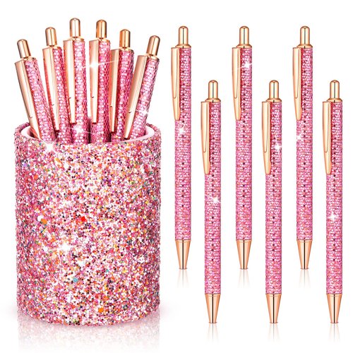 Bling Sequin Pen Holder with 6 Pcs Sequin Click Pens Cute Sequin Glitter Retractable Ballpoint Pens, Pencil Cups for Desk Organizer Makeup Brush Holder for Women Girls Classroom Offices (Pink)