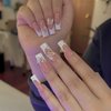 White French Tip Press on Nails Long Square Fake Nails Full Cover Nude with Butterfly Charm False Nails with Rhinestones Design Nails Reusable Artificail Nails Acrylic Glue on Nails for Women
