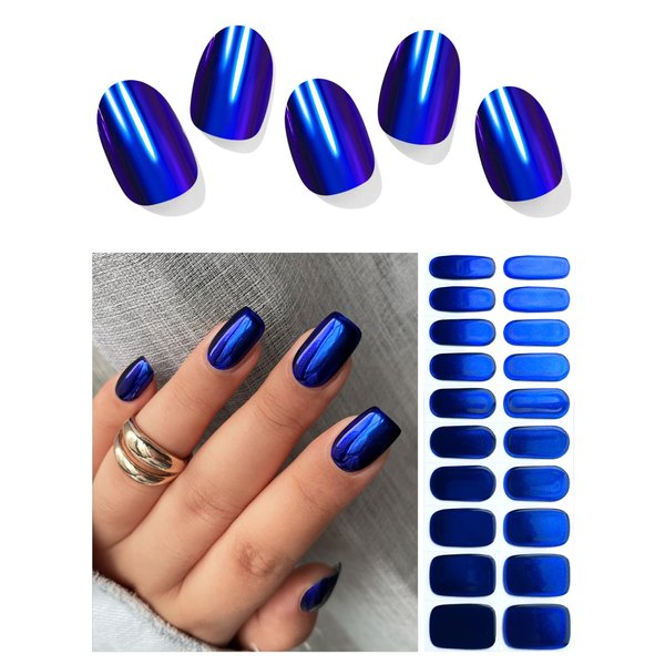 AutyaMee Semi Cured Gel Nail Strips (Blue Mirror)-20 PCS Gel Nail Stickers | Gel Nail Wraps | UV Light Required, Salon Quality & Easy to Use