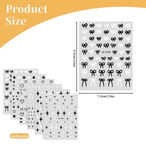6 Sheets Star Nail Stickers, Black Nail Stickers for Nail Art, Star Heart Bows Nail Decals Self Adhesive DIY Nail Charms Stickers for Women Girls Manicure Decoration