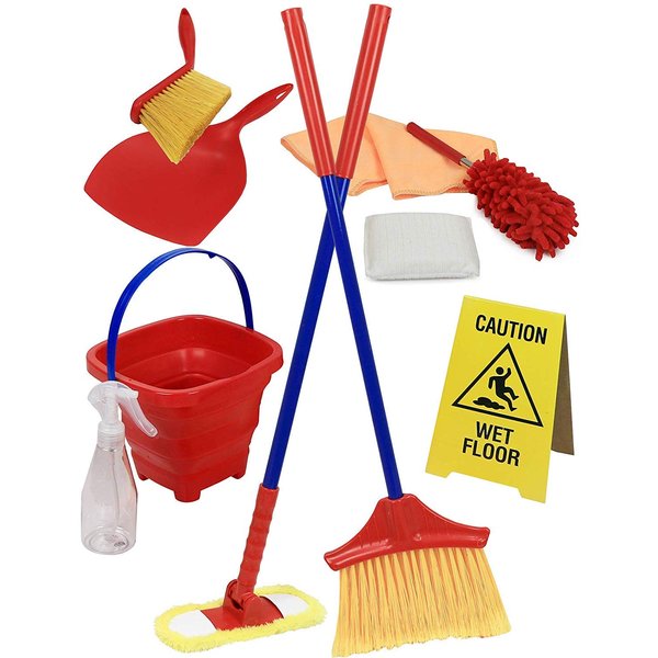 Click N' Play Pretend Play Housekeeping Kids Cleaning Set for Toddlers, Includes Broom, Dustpan, Duster, Mop, Collapsible Bucket Sponge, & More (Set of 10)