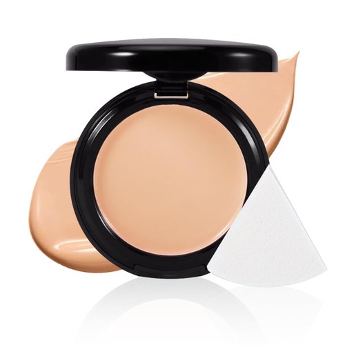 Apooliy Powder Foundation,Long Wear Full Coverage Foundation with Sponge,Flawess Demi-Matte Finish,Brighten Correcting Color