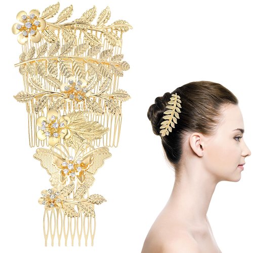 Amaxiu 6 Pcs Metal Leaf Hair Side Combs, Gold Rhinestone Butterfly Hair Comb French Twist Flower Hair Comb Clips with Teeth Fancy Side Combs Wedding Bridal Jewelry Hair Clips for Women Girls