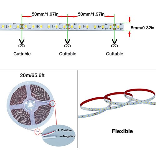 KXZM 24V 65.6ft/20m LED Strip Light Warm White 3000K 2400LEDs High Brightness 12000LM SMD2835 Flexible No-Waterproof IP20 LED Tape for Kitchen Backyard Hallways Stairs Decoration(No Power Supply)