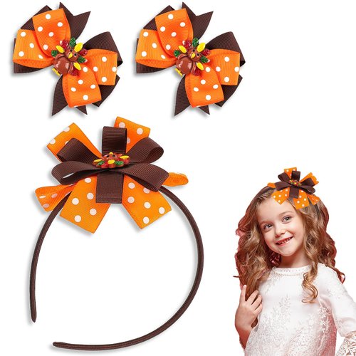 3Pcs Thanksgiving Turkey Headband and Hair Clips Headwear Set with Bow Polka Dot for Girls Children Autumn Orange Christmas Halloween Hair Accessories