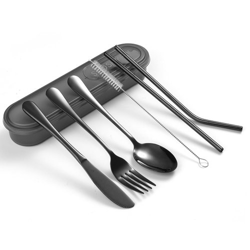 Portable Utensils Set with Case, 4pcs Stainless Steel Reusable Silverware for Lunch Camping School Picnic Workplace Travel, Lunch Box Includ Fork Spoon Knife,Easy to clean,Dishwasher Safe (grey)