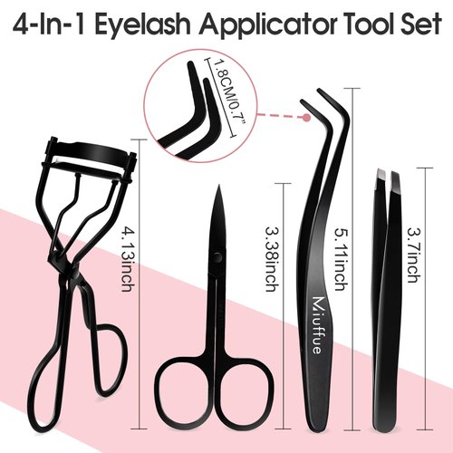 Miuffue Lash Applicator Tool DIY Eyelash Applicator Stainless Steel Curved Eyelash Tweezers for Cluster Lashes (Black(4pcs))