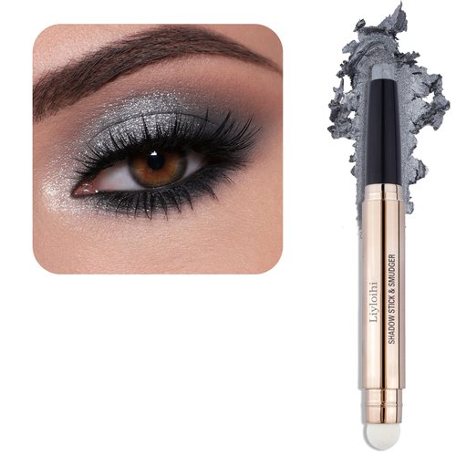 Liyloihi Eyeshadow Stick, Cream Eye Shadow Pencil Crayon Brightener Makeup with Soft Smudger, Waterproof & Long Lasting Eye Highlighter Makeup (10 Silver Gray Shimmer)