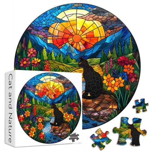 PICKFORU Cat Stained Glass Puzzles for Adults 1000 Pieces and up, Colorful Flower Cat Puzzle, Difficult Mosaic Round Kitty Puzzle as Home Wall Art Decor