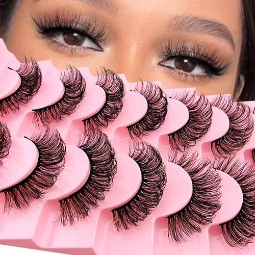 Russian Strip D Curl Lashes, Flu-ffy 18mm Fake Faux Mink Lashes that Look Like Extensions Curly Volume Wispy Eyelashes Natural Look 7 Pairs Pack(7P-E12)