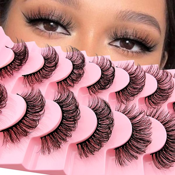 Russian Strip D Curl Lashes, Flu-ffy 18mm Fake Faux Mink Lashes that Look Like Extensions Curly Volume Wispy Eyelashes Natural Look 7 Pairs Pack(7P-E12)