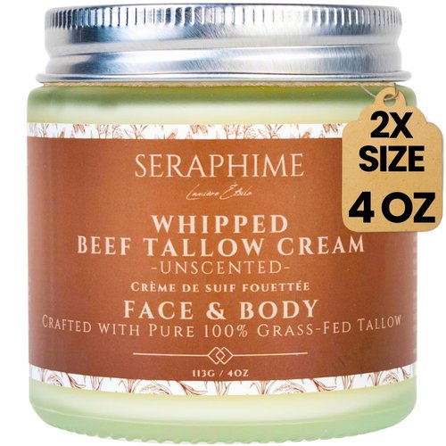 Seraphime Whipped Beef Tallow Cream (Unscented) – Grass Fed Beef Tallow for Face & Body, Tallow Face Cream, Whipped Tallow Balm, Whipped Tallow Face Moisturizer, Beef Tallow for Skin Body Butter, 4 oz