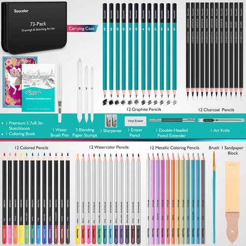 Soucolor 73 Art Supplies for Adults Kids, Art Kit Drawing Supplies Sketching Pencils Coloring Set with Sketchbook, Coloring Book, Charcoal Metallic Graphite for Shading Blending, Gifts for Teen