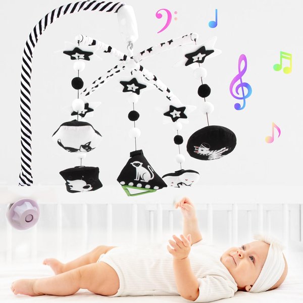 Baby Crib Mobile Black and White High Contrast Musical Baby Mobile for Crib Give Visual Stimulation to Engage Your Newborn Detachable Hanging Toys Mobile for Bassinet Boys & Girls