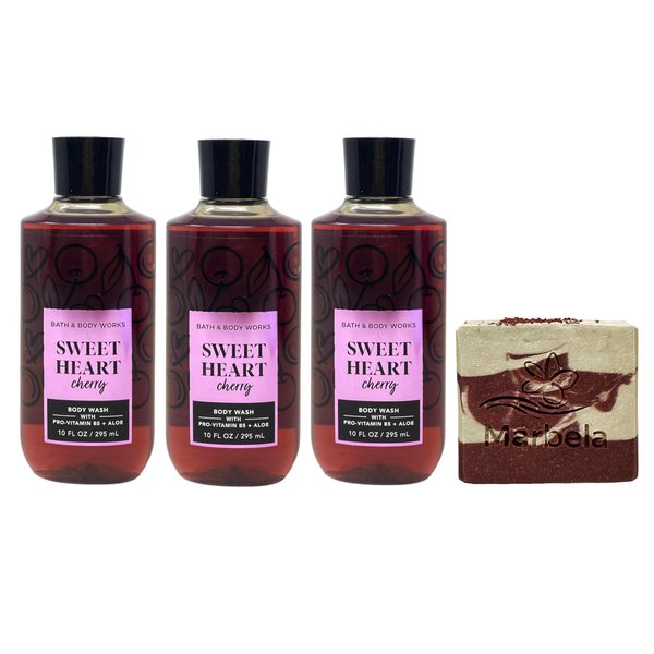 Bath & Body Works Sweetheart Cherry 3 Pack Body Wash Bundle with a Cherry On Top Bar Soap - Full Size