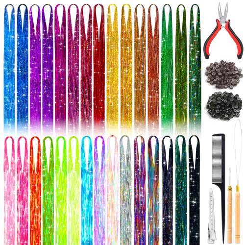 30 Shiny Colors Fairy Hair Tinsel Kit with Tools 48 Inch 6000 Shimmer Hair Glitter Strands Sparkle Hair Extensions for Women Girls Kids Long Short Hair Tensile Kit