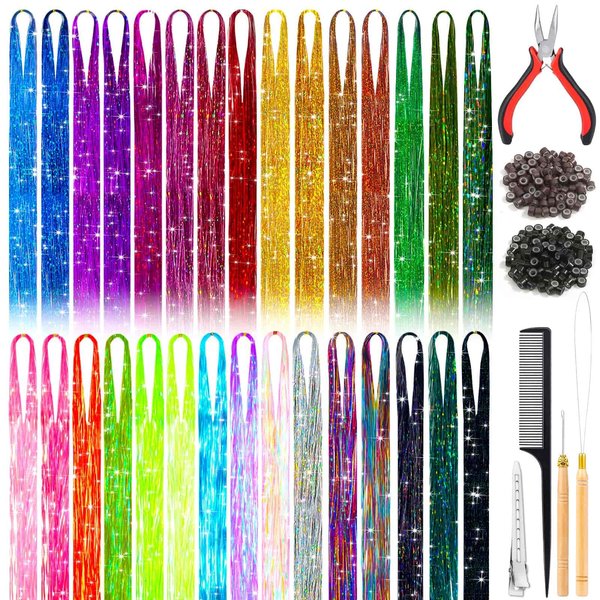 30 Shiny Colors Fairy Hair Tinsel Kit with Tools 48 Inch 6000 Shimmer Hair Glitter Strands Sparkle Hair Extensions for Women Girls Kids Long Short Hair Tensile Kit
