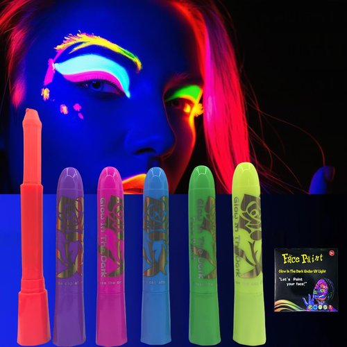 Glow In The Dark Body Paint, 6 PCS Glow In The Dark Under Uv Black Light Sticks Makeup Neon Face Painting Kits For Adult Halloween Festival Accessory Glow Party Supplies