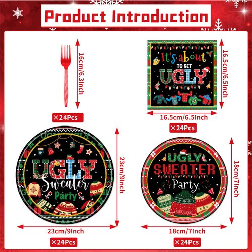 Rakuto Ugly Sweater Party Decorations - 96PCS Ugly Sweater Christmas Party Plates and Napkins Forks Disposable Dinnerware Set It's About to Get Ugly Tacky Sweater Xmas Holiday Party Supplies Serve 24