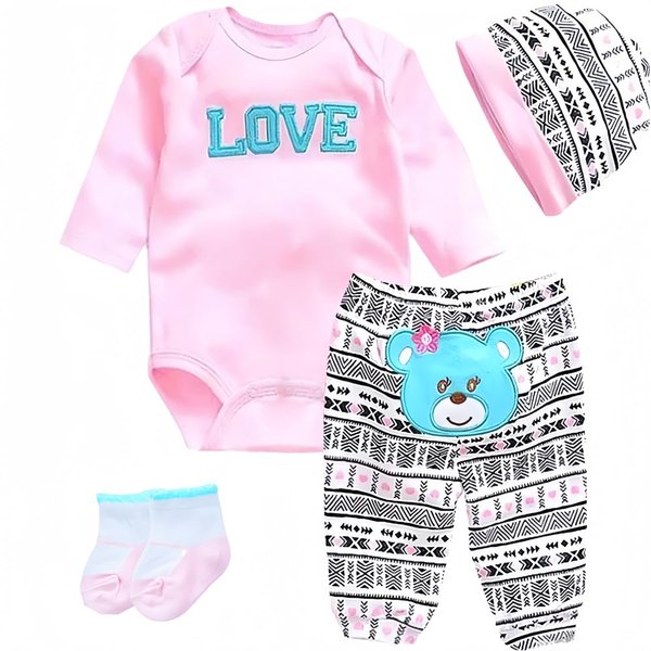 Reborn Baby Dolls Clothes Accessories Pink Outfit for 17-22 Inch Reborn Newborn Baby Clothing Set 【Super Cute Bear 'Love' 4pcs Set 】