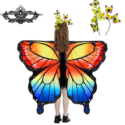 plainshe Halloween Costumes for Girls，Butterfly Wings Kids, Fairy Wings Colorful，3PCS Butterfly Costume Set.