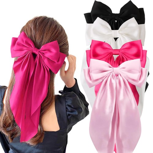 Hair Bows for Women, Long Tail Big Bow Hair Clips, Vintage Silky Satin Oversized Hair Bows With Metal Clips, Hair Accessories Gift for Women, 4 PCS