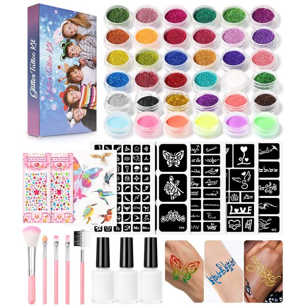 Temporary Glitter Tattoo Kit for Kids,30 Body Glitter,3 Glitter Glue,5 Sheets Tattoos Stencil,5 Pcs Makeup Brush,6 Fluorescent Powder,1 Sheets Butterfly Temporary Tattoo Stickers,2 Sheets Rhinestone Stickers