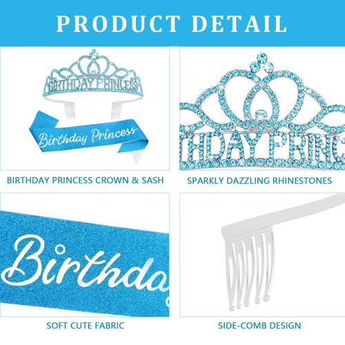 CAVETEE Birthday Princess Crowns for Women Birthday Princess Sash and Tiara for Girl Women Birthday Party Decorations for Girl Gifts Set Birthday Sash and Crown for Women (Blue)