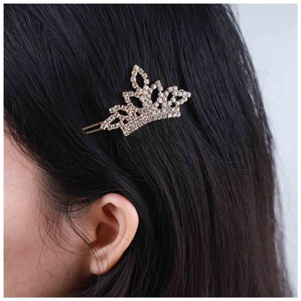 Allereyae Crystal Tiaras Crown Hair Clip Barrette Rhinestone Crown Hairpins Barrette Gold CZ Crown Head Clip Headwear Crystal Wedding Hair Accessories for Women (Gold)