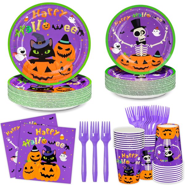 DYLIVeS Halloween Party Supplies, Halloween Pumpkin Cats Ghosts Skeleton Dinnerware, Includes Dinner Plates, Dessert Plates Napkins Cups Forks Cute Halloween Party Decorations Kids, Serve 24