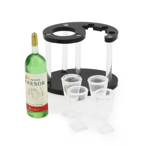 Dollhouse Wine Glasses Bottle and Spiral Shape Rack Set Bar Accessories Miniature Wine Set Kitchen Decoration Wine Holder Tabletop Decor (GREEN BOTTLE)