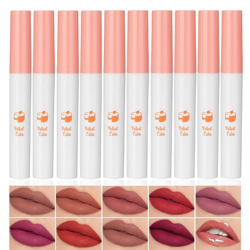10 Colors Lipstick Tube Red Matte Velvet Lip Tint Stain Set, Natural Ingredients Lip Gloss Set, Waterproof & Long Lasting 24 Non-Sticky