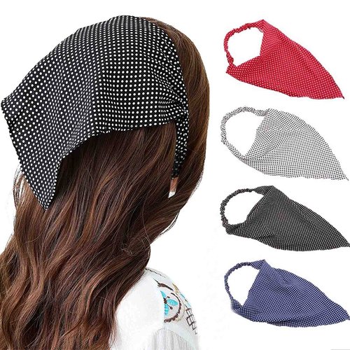 Woeoe Triangle Elastic Hair Scarf Headband Black Chiffon Head Kerchief Hairband Dot Hair Bandanas with Hair Clips for Women Girls(4 Pcs)