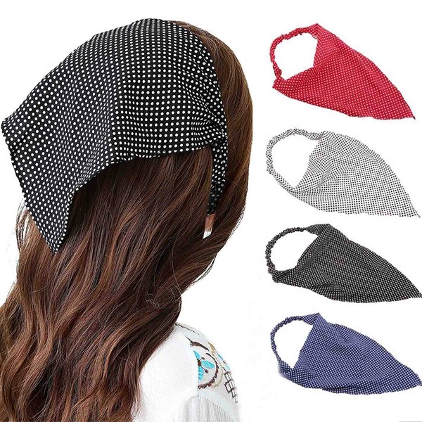Woeoe Triangle Elastic Hair Scarf Headband Black Chiffon Head Kerchief Hairband Dot Hair Bandanas with Hair Clips for Women Girls(4 Pcs)