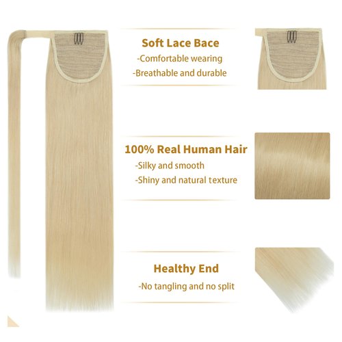 SEGO Ponytail Extension Human Hair 100% Real Human Hair Clip In Wrap Around Long Straight Ponytail With Magic Paste Pony Hairpieces for Women -16 Inch 80g 613 Bleach Blonde