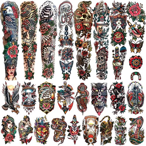 55 sheets Classic Full Arm Temporary Tattoos Old School Tattoos Stickers, Sailor Jerry Style Fake Tattoo Sleeve, American Traditional Flower Half Arm Temporary Tattoos for Women Men Adults Kids