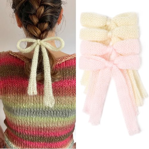 4Pcs Mohair Hair Bows Mohair knitted Ribbon Hair Clips Velvet Ponytail Holder Accessories Hair Bow for Women Girls Toddlers Teens Kids Beige Pink